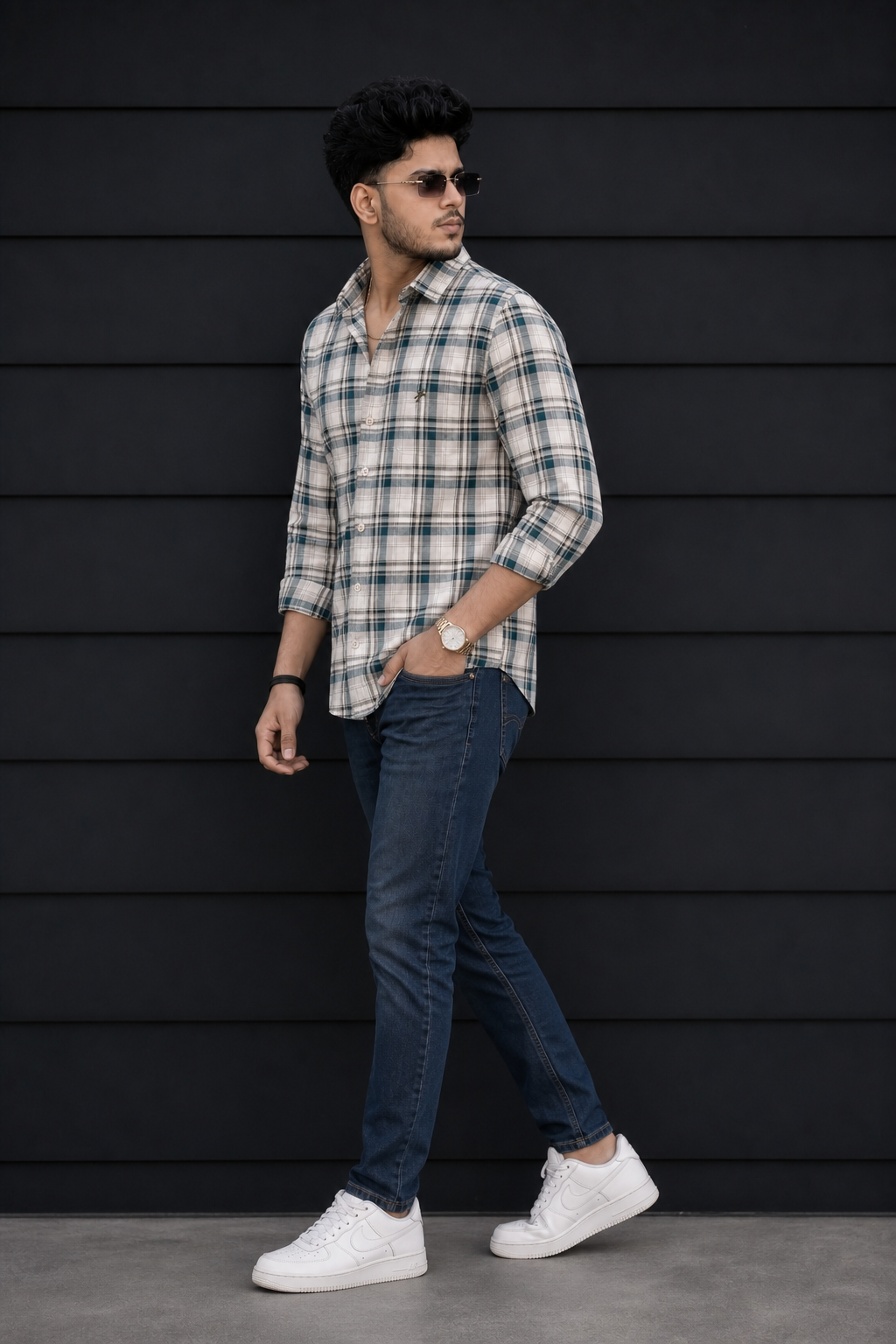 Green Checked Button-Up Shirt for Men – Smart Casual Style
