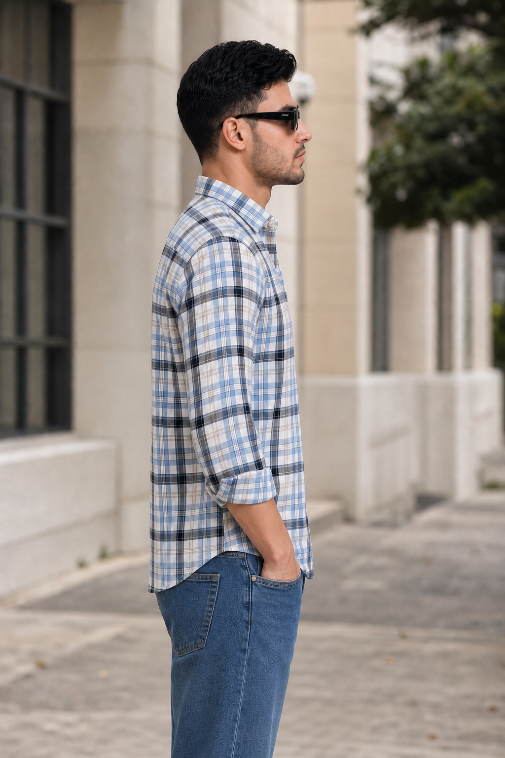 Men Blue Checkered Shirt - Long Sleeve Cotton 74252