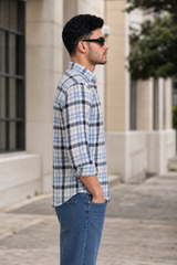 Men Blue Checkered Shirt - Long Sleeve Cotton