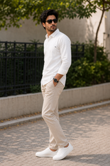 Men White Plain Cotton Shirt – Full Sleeve Single Pocket