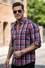 Men Premium Cotton Checkered Shirt | Red Soft Casual Styles-241139859