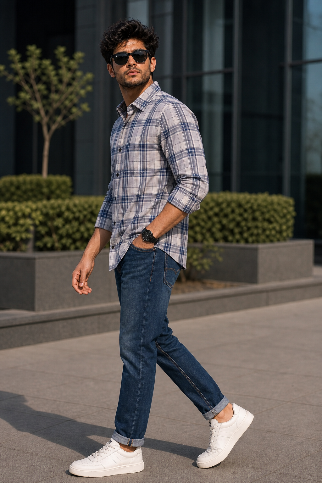 Men White Blue Checked Casual Shirt for Men – Stylish Full Sleeve