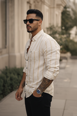 Men Beige Striped Shirt Outfit – Modern Street Style Look 261049715