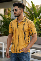 Men Printed Collared Polo T-Shirt in Earthy Yellow