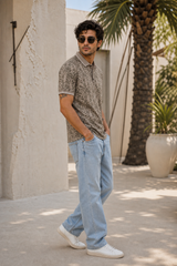 Men Grey Leaf Print Polo T-Shirt
