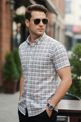 Men Beige Checkered Short Sleeve Casual Shirt 251207790