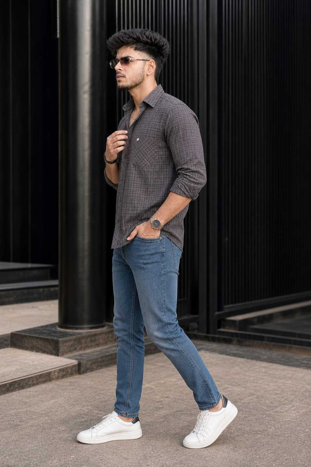 Men Small Check Pattern Shirt in Grey | Casual Full Sleeve Shirt