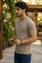 Men Solid Beige Mandarin Collar Polo T-Shirt - Premium Sinker Slim Fit 13058