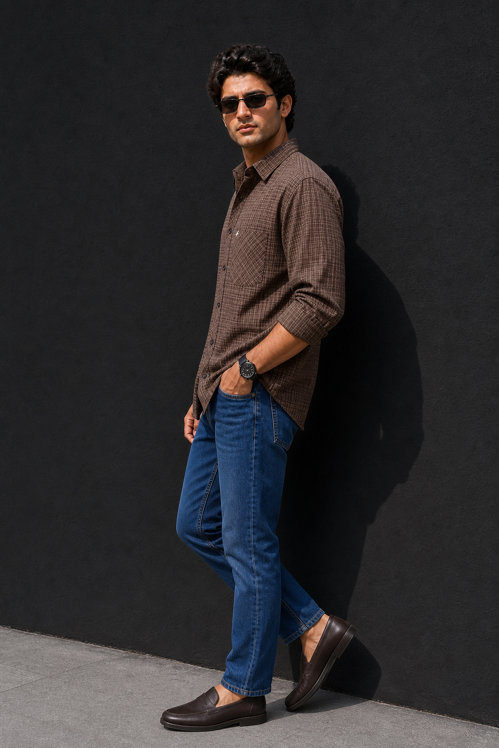 Men Brown Micro Checked Full Sleeve Casual Shirt