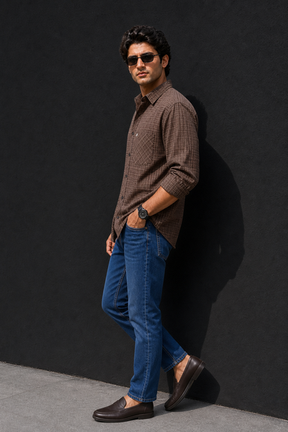 Men Brown Micro Checked Full Sleeve Casual Shirt