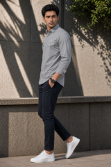 Men Plain Cotton Grey Full Sleeve Shirt | Casual Button Down Shirt with Pockets