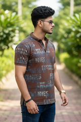 Men Typography Print Polo T-Shirt in Brown