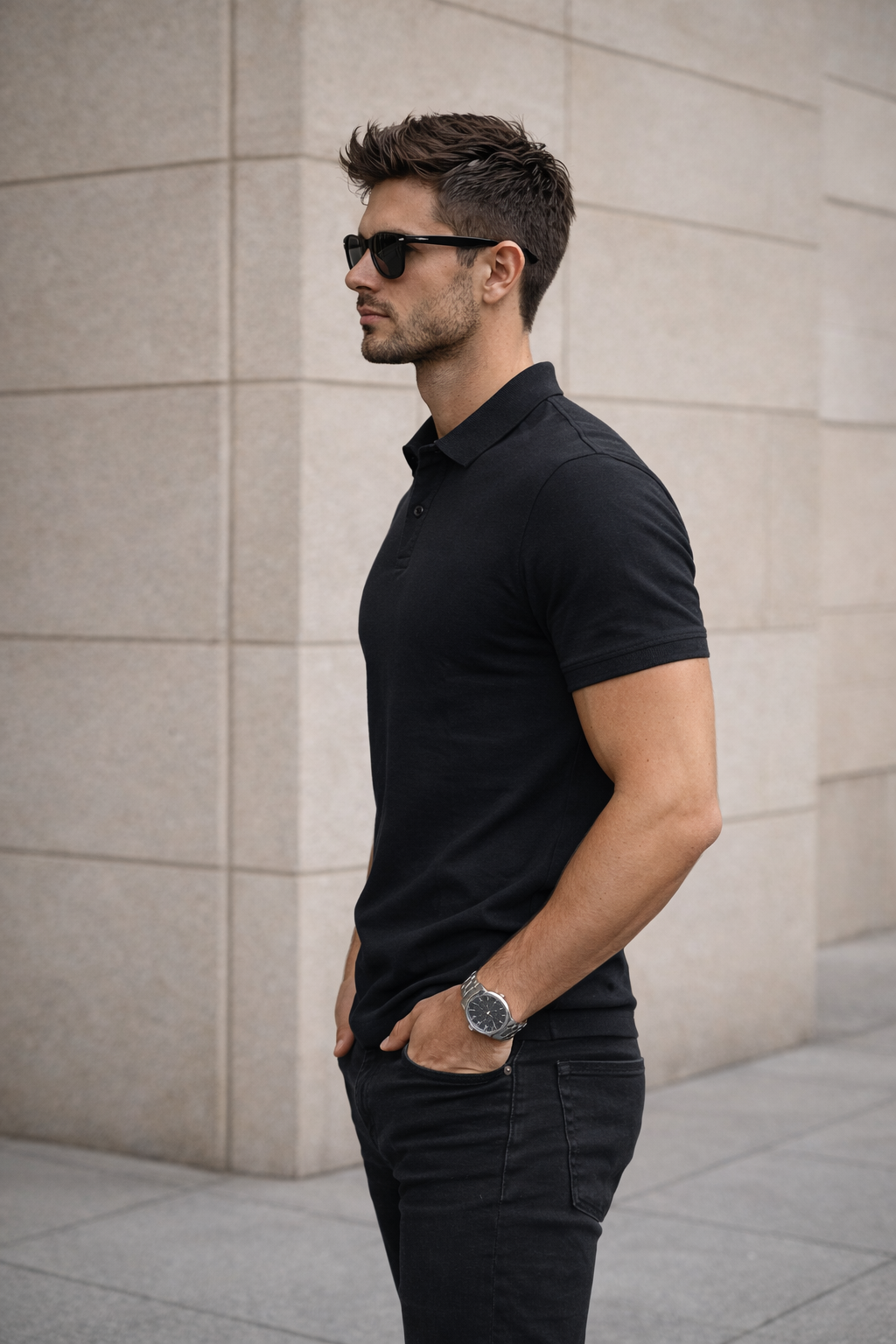 Men Black Cotton Polo T-Shirt with Pocket - Casual Short Sleeve Slim Fit 8622