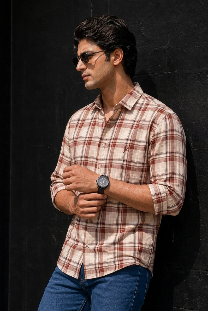Men Brown and Cream Plaid Shirt – Full Sleeve Casual Check Shirt