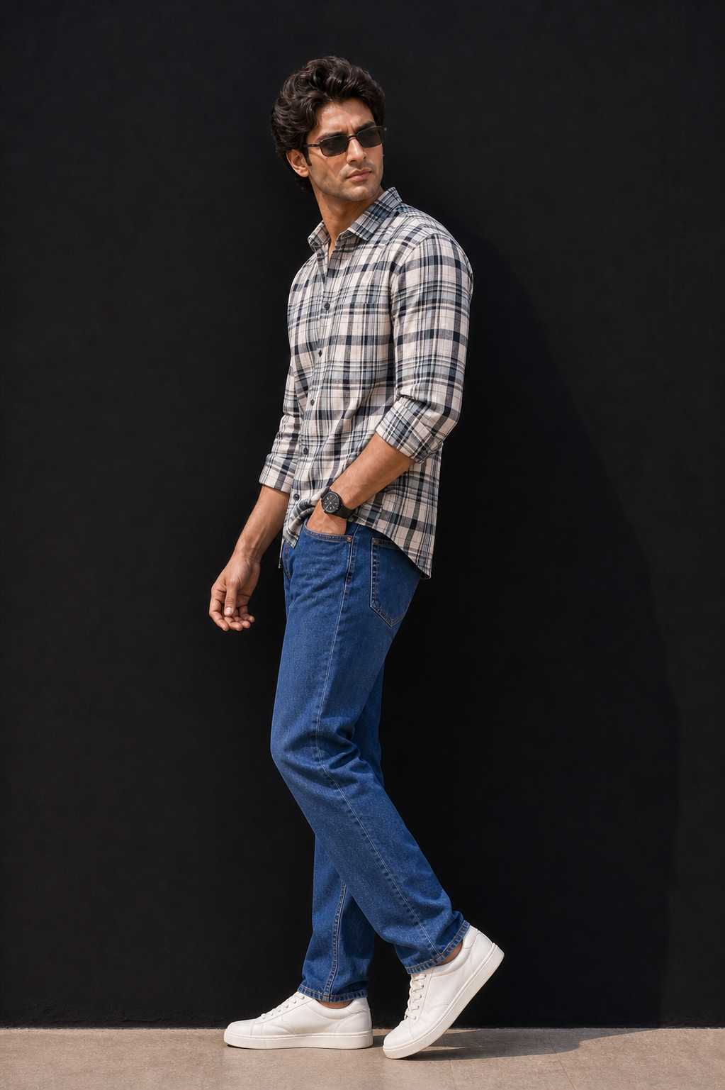 Men White and Navy Blue Checkered Casual Shirt