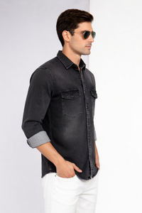 Men Casual Black Denim Shirt – Modern Stylish Fit SC-1942