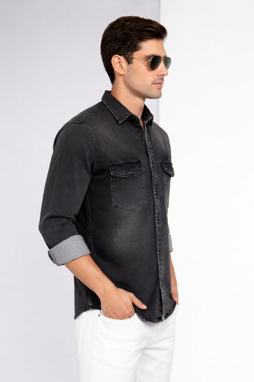 Men Casual Black Denim Shirt – Modern Stylish Fit SC-1942