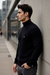 Premium Slim Fit Black Ribbed High Neck Pullover 251205533