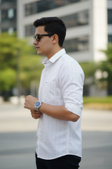 Men White Vertical Striped Slim Fit Shirt | Premium Cotton 251209999