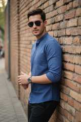 Navy Blue Solid Cotton Casual Shirt | Minimalist Style-251205753