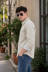 Men Cream Double Pocket Casual Shirt | Snap Button Denim Shirt