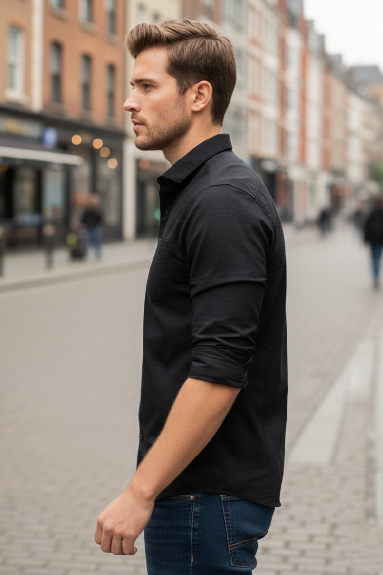 Men Premium Black Textured Striped Shirt 251185766 | 251185701