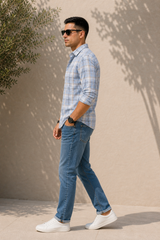 Men Grey Plaid Button-Down Shirt | Classic Long Sleeve Casual Shirt