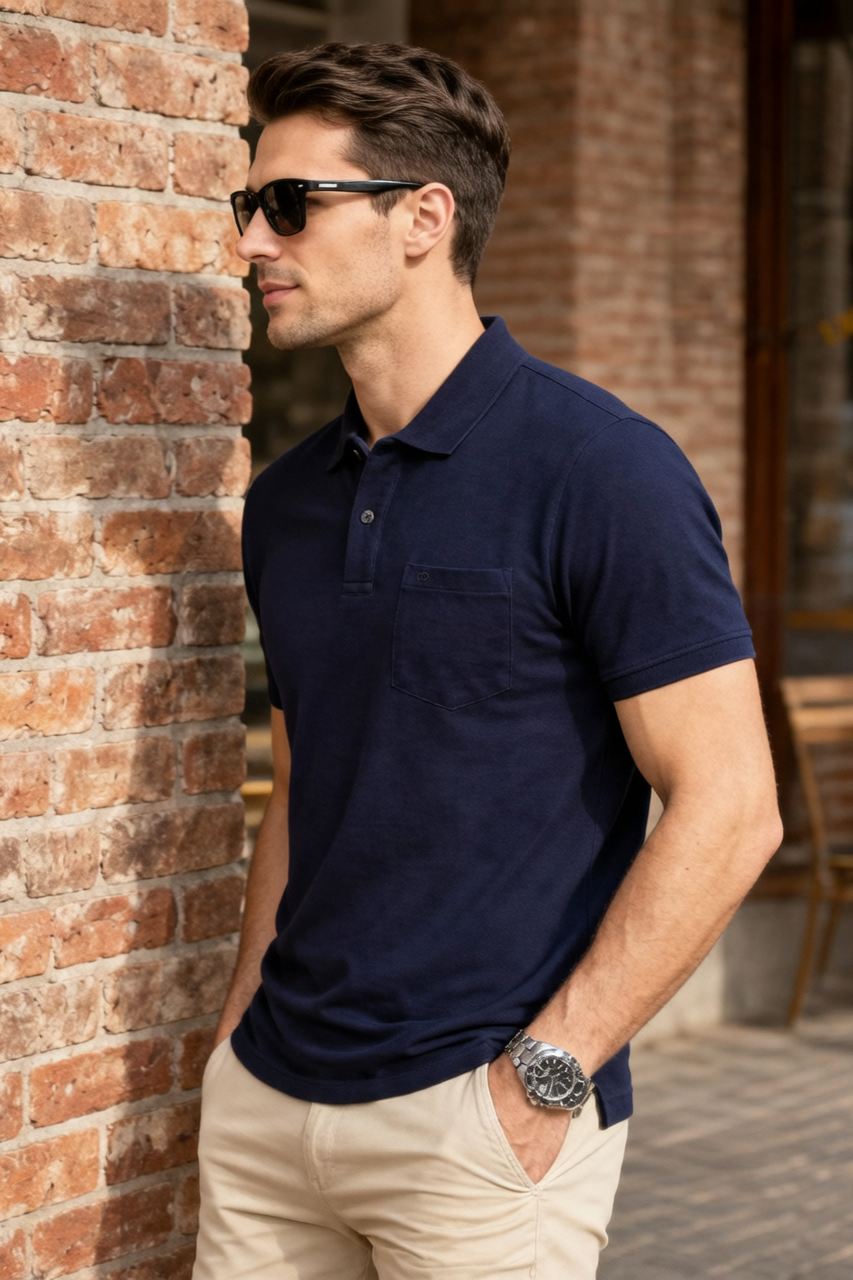 Men Navy Blue Cotton Polo T-Shirt with Pocket - Casual Short Sleeve Slim Fit 8622