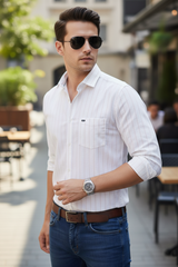 Men White Pinstripe Shirt | Classic Vertical Stripe Slim Fit 251205868