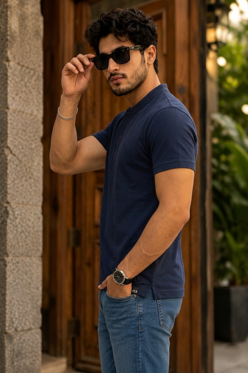 Men Solid Navy Blue Mandarin Collar Polo T-Shirt - Premium Sinker Slim Fit 13058