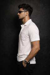 Men White Cotton Polo T-Shirt with Pocket - Casual Short Sleeve Slim Fit 8622