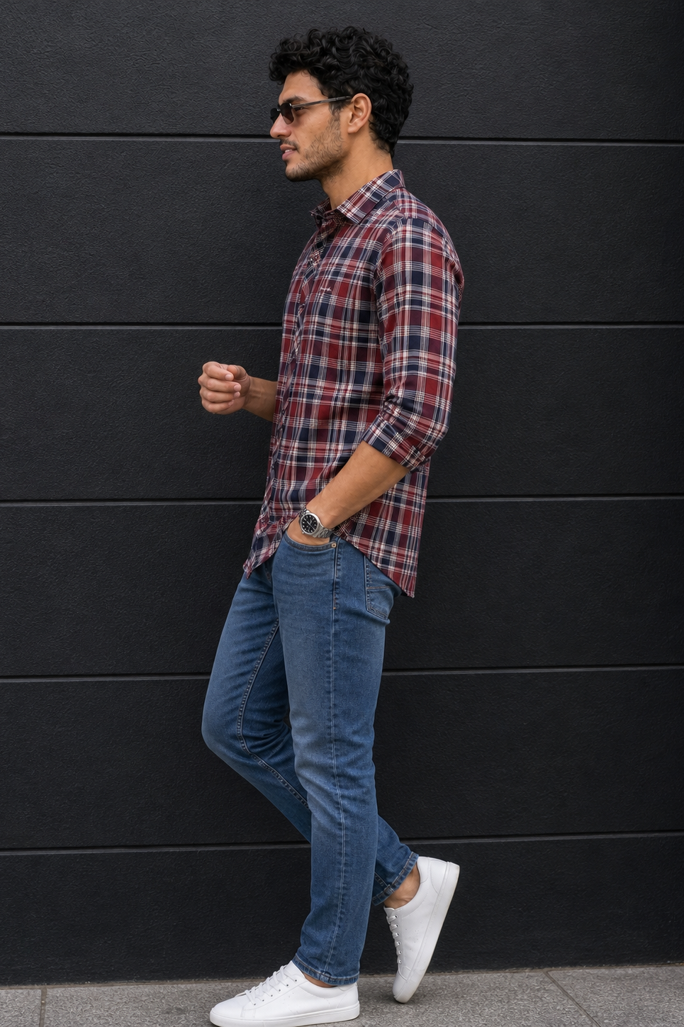 Men Classic Maroon Plaid Shirt | Navy Check Button-Up