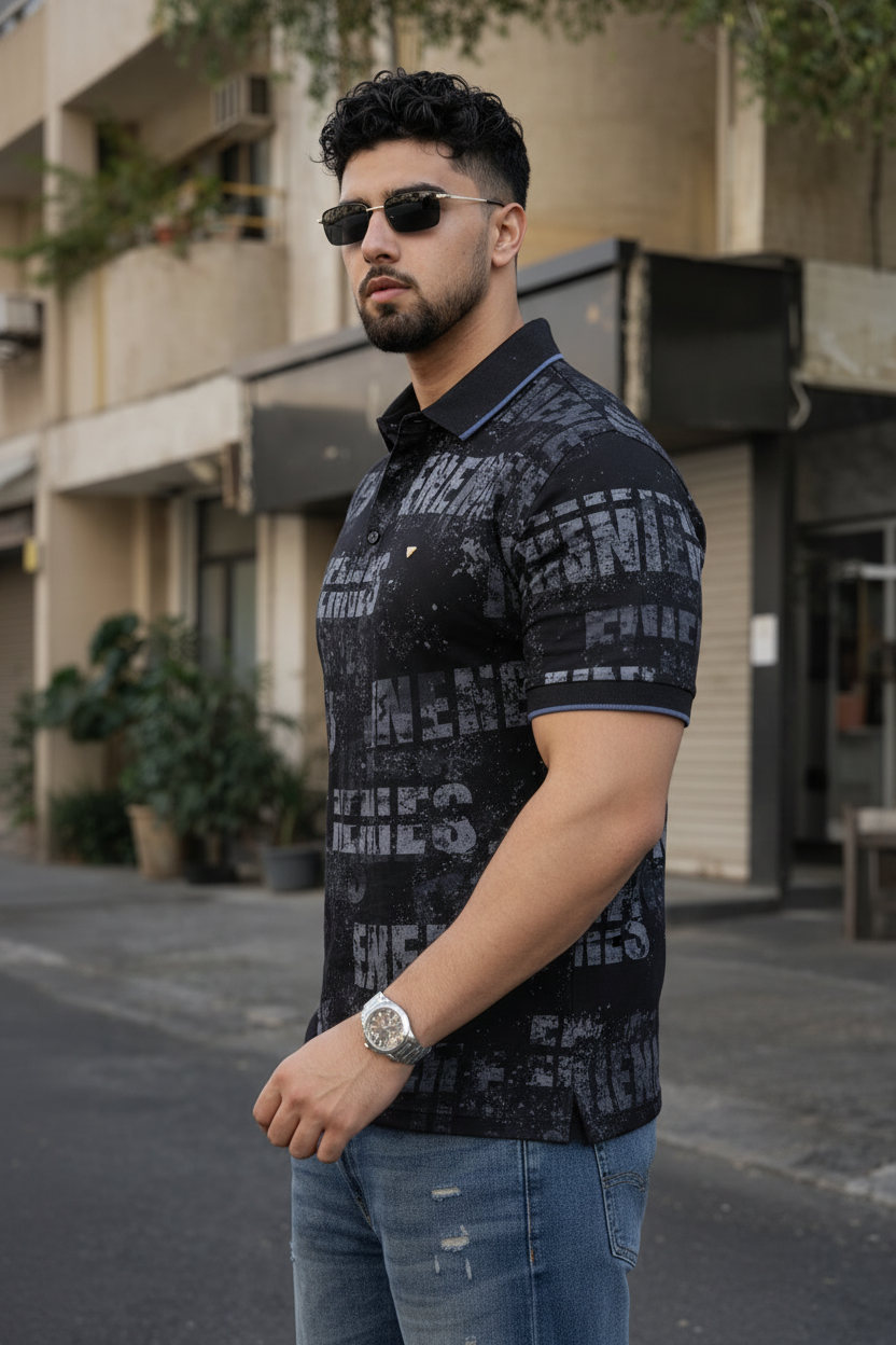 Men Typography Print Polo T-Shirt in Black ATL5996