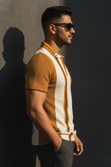 Men Casual Mustard Striped Quarter-Zip Knit Polo T-Shirt - Modern Retro 261040722