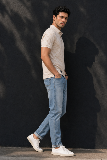 Men White Printed Polo T-Shirt – Half Sleeve Collar Neck