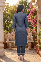 Navy Blue Floral Embroidery Work Cord Set for Women 1057