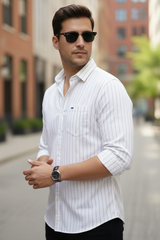 Classic White Striped Long-Sleeve Cotton Shirt for Men 251210002
