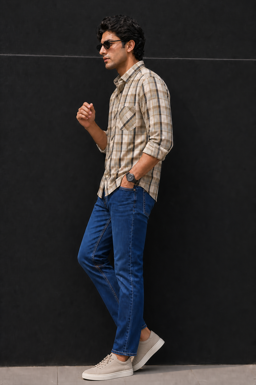 Men Olive & Cream Checked Full Sleeve Casual Shirt