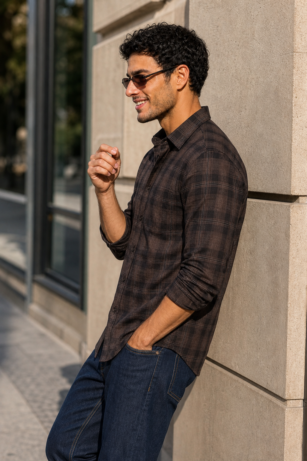 Beige & Black Plaid Long Sleeve Shirt