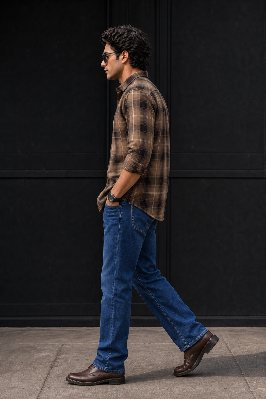 Men Olive & Black Plaid Long Sleeve Shirt