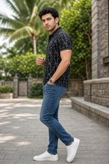 Men Black Leaf Print Polo T-Shirt