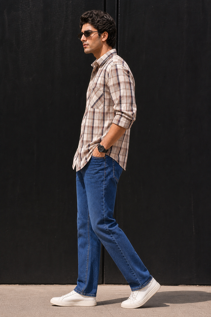 Men Brown & Cream Checked Full Sleeve Casual Shirt