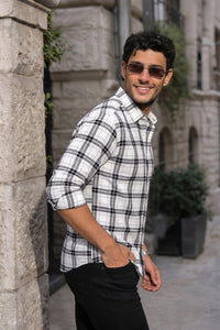 White Checkered Shirt for Men | Classic Plaid Long Sleeve Casual Shirt OXFCH