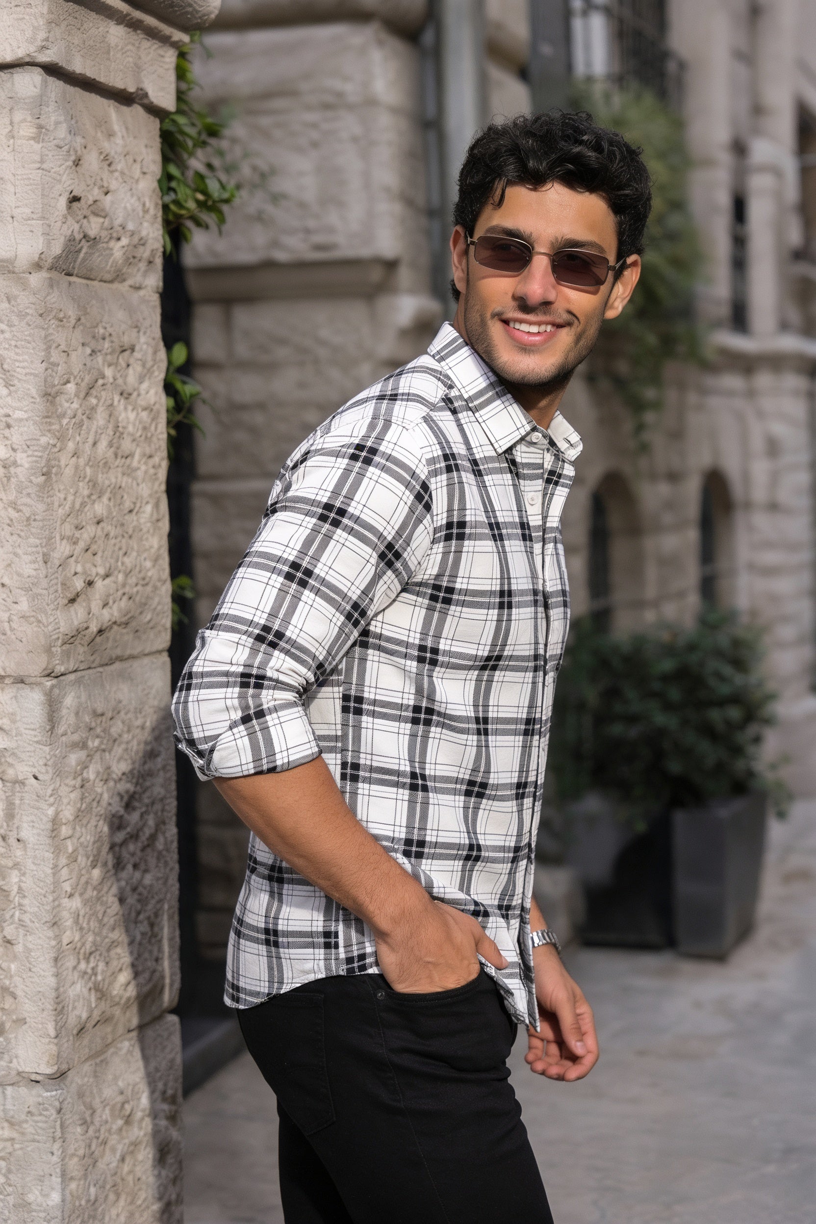 White Checkered Shirt for Men | Classic Plaid Long Sleeve Casual Shirt OXFCH