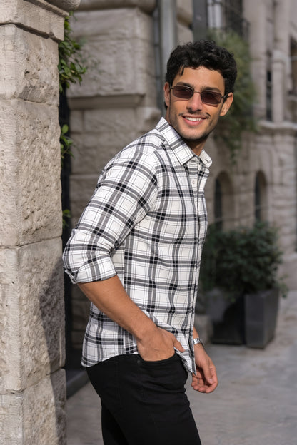 White Checkered Shirt for Men | Classic Plaid Long Sleeve Casual Shirt OXFCH