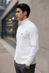Premium Slim Fit White Ribbed High Neck Pullover 251205533