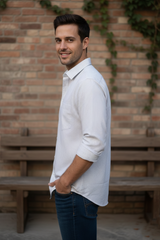 Men Slim Fit Light Grey & White Vertical Striped Long Sleeve Shirt 251167780