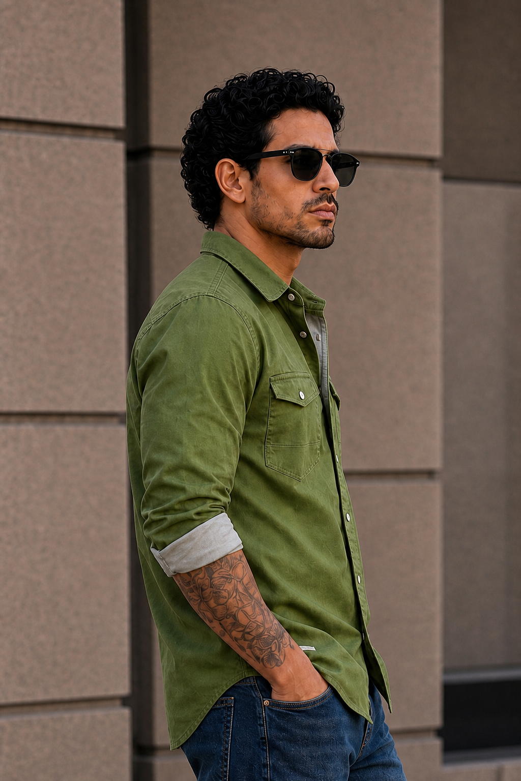 Men Olive Double Pocket Casual Shirt | Snap Button Denim Shirt