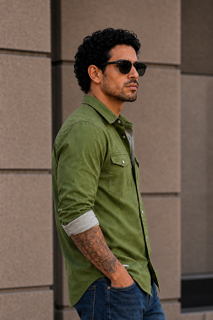 Men Olive Double Pocket Casual Shirt | Snap Button Denim Shirt