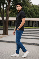Men Black Geometric Print Polo T-Shirt